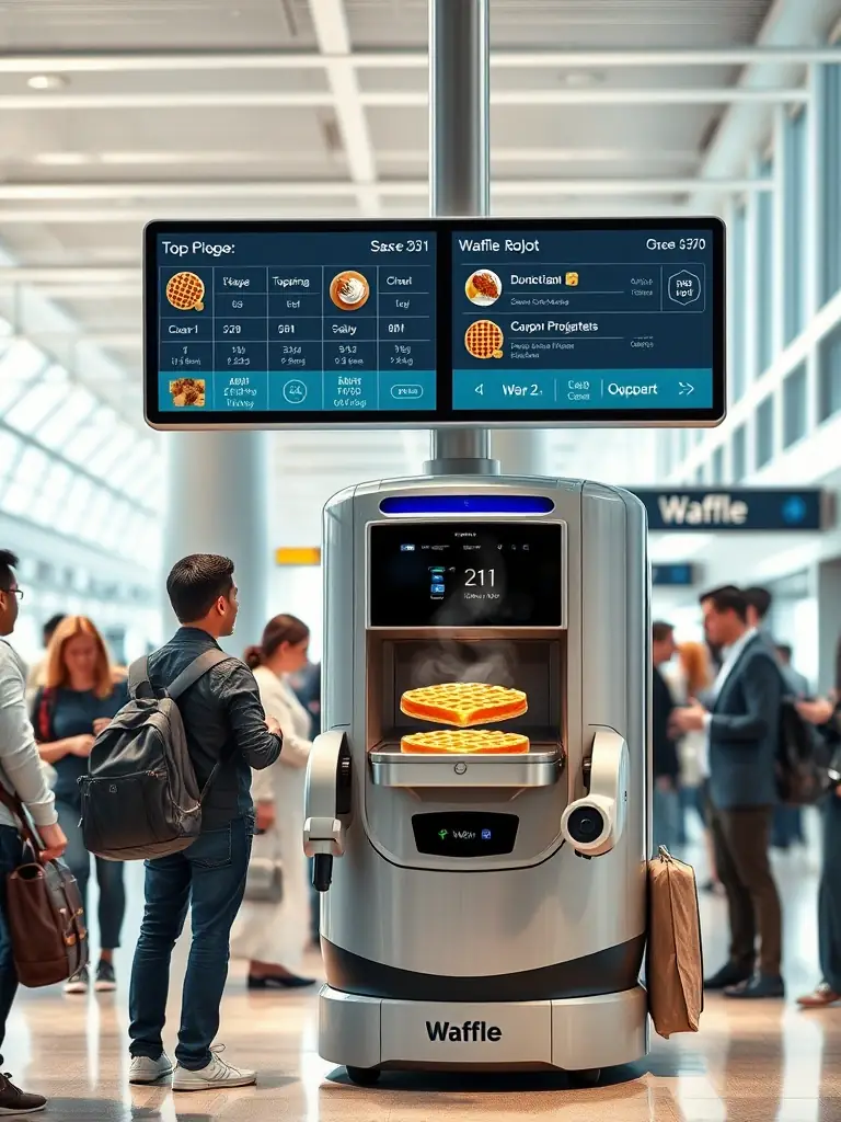 A YummyOne robot in a busy airport terminal, providing travelers with a quick and convenient meal option. Digital signage displays topping options and nutritional information.