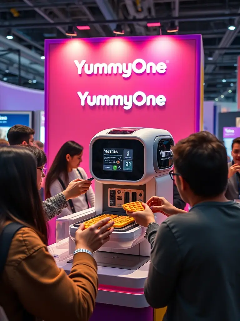 A YummyOne robot at a bustling trade show booth, surrounded by attendees eager to sample freshly made waffles. The booth is branded with YummyOne's logo and colors.