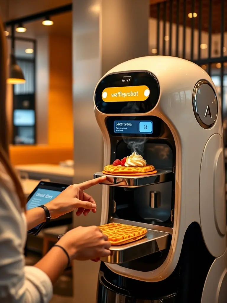 A YummyOne robot deployed in a modern, fast-casual restaurant setting, with customers ordering via a touchscreen interface. The robot is dispensing a waffle with visible steam, indicating freshness.